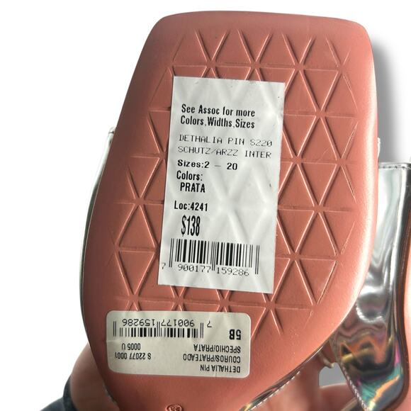 NEW Schutz Dethalia Silver Squared Toe Sandals Size 5 Mirror Metallic Heels - Picture 11 of 11